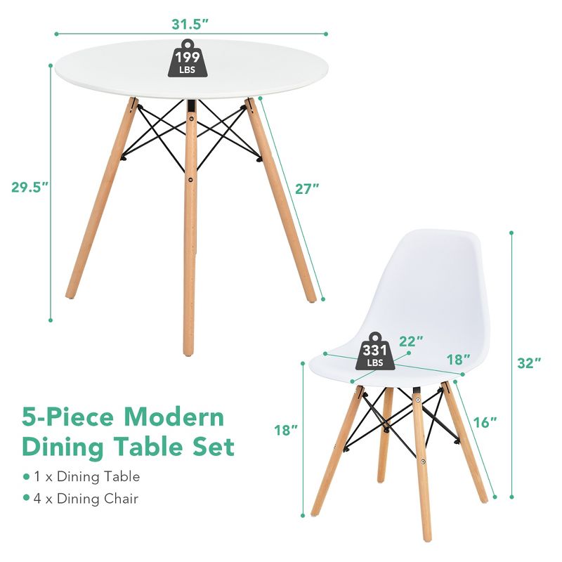 Costway Dining Table Set Modern 5 PCS For 4 Round Dining Room Table Set W/Solid Wood Leg, 4 of 11
