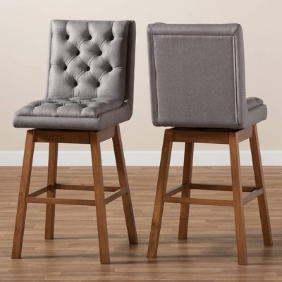 Gregory Walnut & Grey Swivel Bar Stool Set with Button Tufting