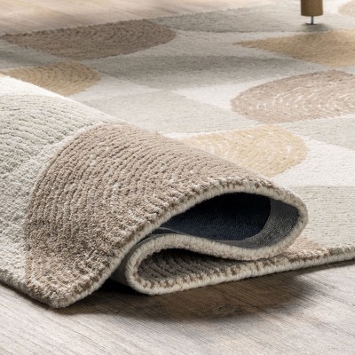 Beige and Light Gray Geometric Wool Tufted Area Rug, 5' x 8'
