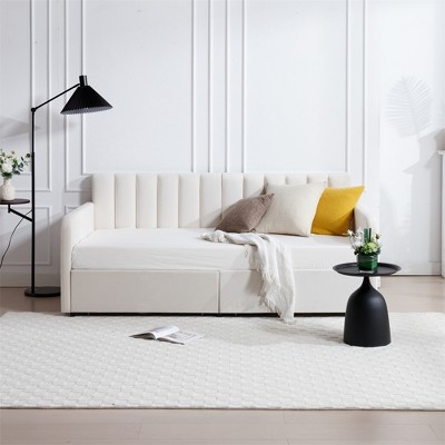 Upholstered Daybed With 2 Drawers, Twin Velvet Daybed With Ribbed Tufted Backrest, Modern Space Saving Sofa Bed For Bedroom Living Room, Easy Assembly