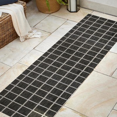 Mid-Century Modern Black & Cream Geometric 2'x8' Indoor/Outdoor Rug