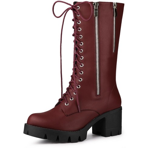 Allegra K Women's Platform Buckle Lace Up Block Heel Ankle Boot Burgundy 7  : Target