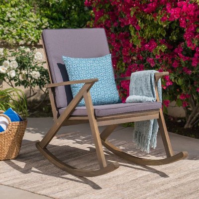 Rustic Acacia Wood Accent Chair, Wood Rocking Chair with Water-Resistant Cushions, Armchair for Porch, Garden or Bedroom -Christopher Knight Home