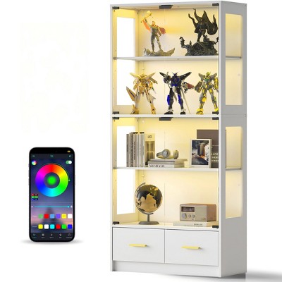 Skyzoo 5-Tier Glass Display Cabinet with LED Lights & Adjustable Shelves & 2 Drawers, Curio Cabinet for Home & Office