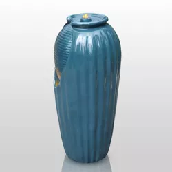 31.89" Glazed Vase Outdoor Floor Fountain with LED Light - Blue - Teamson Home