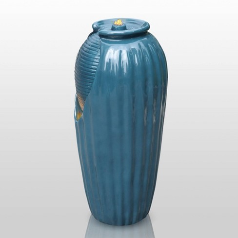 31.89" Glazed Vase Outdoor Floor Fountain with LED Light - Blue - Teamson Home - image 1 of 3