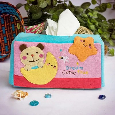 LunaLulink [Bear & Moon] Embroidered Applique Fabric Art Tissue Box Cover Holder (8.7*4.5*4.5)