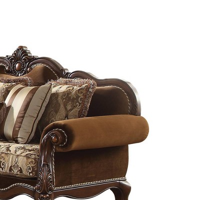 Jardena 89" Multicolor Fabric and Cherry Oak Sofa with Pillows