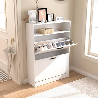 KTMBDW Shoe Storage Cabinet with 2 Flip Drawers,Sturdy Wood Shoe Storage,Freestanding Narrow Shoe Organizer for Living Room,Hallway, Bedroom,White