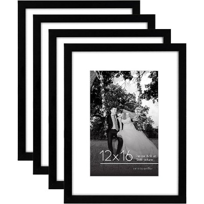 Americanflat 12x16 Picture Frame with Shatter-Resistant Glass - Set of 4 - Use as 8x12 Frame with Mat or 12x16 Frame Without Mat - Black