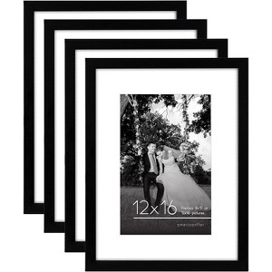 Americanflat 12x16 Picture Frame with Shatter-Resistant Glass - Set of 4 - Use as 8x12 Frame with Mat or 12x16 Frame Without Mat - Black - 1 of 4