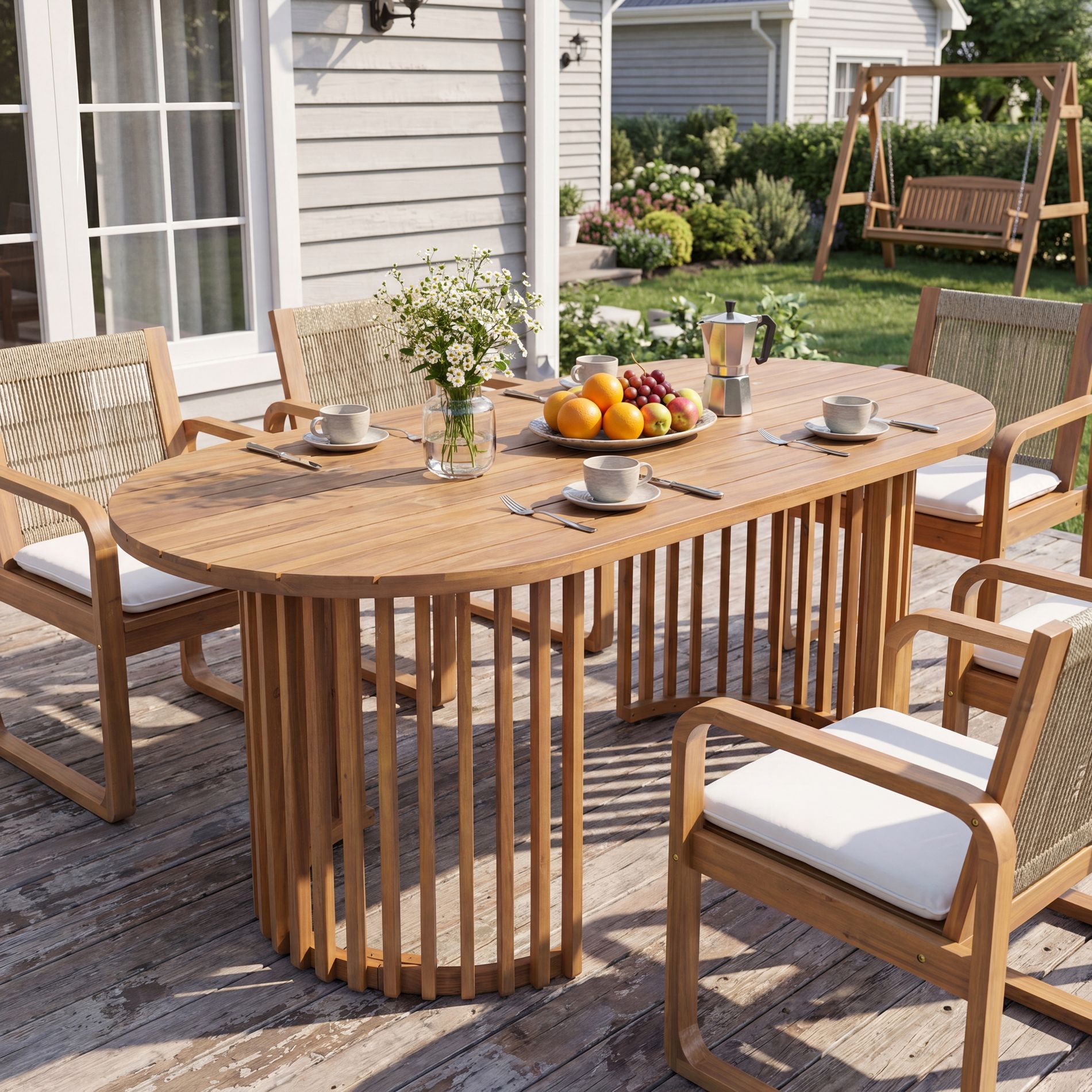 Christopher Knight Home Avery Outdoor Coastal 68.9" Solid Acacia Wood Oval Dining Table with Vertical Slatted Legs, Light Teak