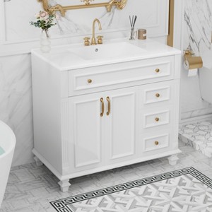 GDFStudio Olyra 36" Modern Rubberwood Bathroom Vanity with Ceramic Sink with Flip-Out Drawer, 3 Drawers and Double Door - 1 of 4