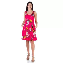 24seven Comfort Apparel Floral Fuchsia Sleeveless Pleated Knee Length Pocket Dress