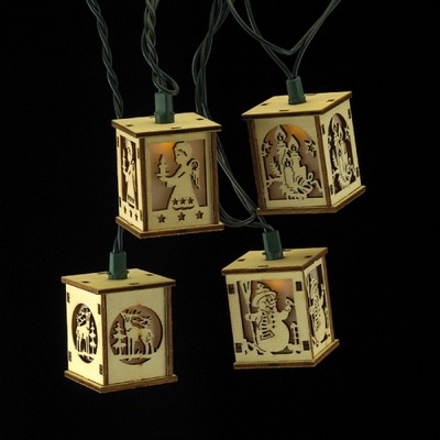 Kurt S. Adler 10ct Wooden Cut-Out Lanterns Novelty Christmas Lights Clear - 9' Green Wire