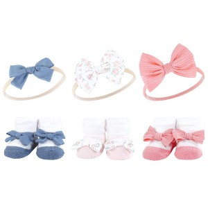 Hudson Baby Infant Girl Headband and Socks Giftset, Pink Floral Chambray, One Size - 1 of 4