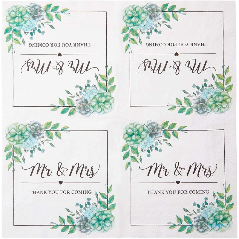 Sparkle and Bash 100 Pack Succulent Floral Mr. and Mrs. Paper Napkins for Wedding (6.5 In), 5 of 7