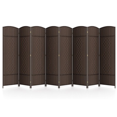 Tangkula 8-Panel Room Divider, 6 FT Tall Folding Privacy Screen w/ Hand-woven Friendly Plant Fibers & Solid Wood Frame Brown/Black