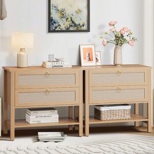 Rattan Night Stand Set of 2, Boho Night Stand with 2 Rattan Drawers, Large Bedside Table Side Table with Open Storage Shelf, Farmhouse Nightstand - 1 of 4