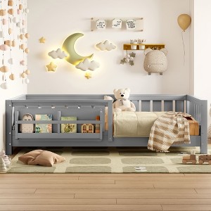 Okak Twin/Full Size Platform Beds with Storage Bookshelf & Guardrails,Solid Wood Bed Frame for Kids,Teens,No Spring Box Needed - 1 of 4