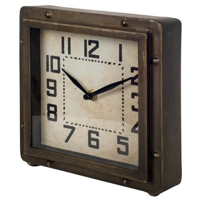 HomeRoots Square  Bronze Toned Metal Desk Table Clock With Traditional Black Numbers And Hands