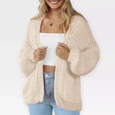 Women's Sweater Knit Cardigan with Pockets - Open Front Cable Knit Chunky Thick Sweater for Comfy Winter Knitwear,Apricot 2 - XL