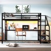 Full/Queen Size Metal Loft Bed with Desk, LED Light, USB Ports, Storage Stairs & Multifunctional Iron Nets, Black - ModernLuxe - 2 of 4