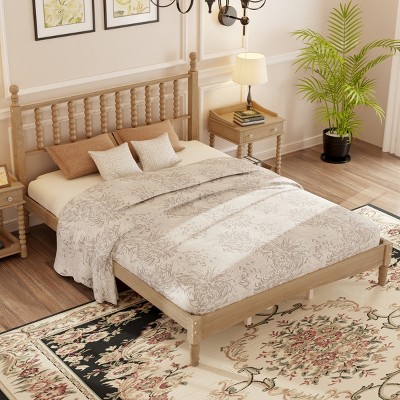 Queen Size Wood Platform Bed, Bed with Gourd-Shaped Retro Headboard and Natural Wood Finish Frame, Wooden Slat Support-Baofuwish