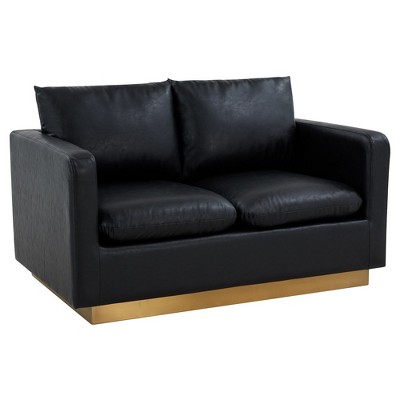 LeisureMod Nervo Mid-Century Modern Upholstered Faux Leather Loveseat with Gold Frame