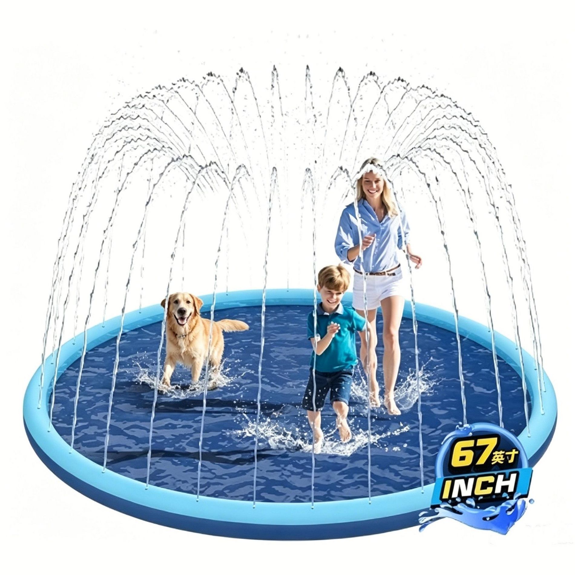 HeyGo 67" Anti-Slip Splash Pad for Dogs & Kids Durable Outdoor Sprinkler Water Play Mat for Large Dogs Summer Fun in Blue