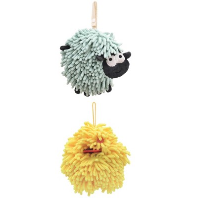 REGALWOVEN 2 Packs Cute Sheep Shape Absorbent Fast Drying Chenille Hand Towels with Hanging Loop 7" x 7"