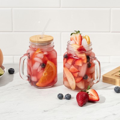 16 oz Glass Mason Jar Tumblers with Bamboo Lids and Straws, Set of 4