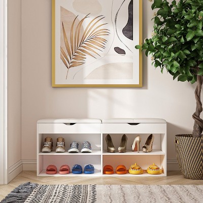 FUFU&GAGA White Wooden Shoe Storage Bench with Seating Cushion Open Shelf