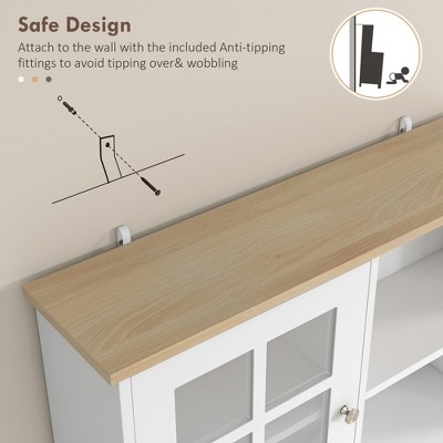 White and Light Wood Kitchen Hutch with Glass Doors