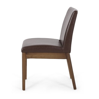 Dark Brown Faux Leather and Walnut Upholstered Side Chairs, Set of 2