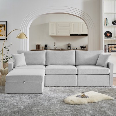 Vipbear 112.6" L-Shape Convertible Sectional Couches Sofas With Storage Chaise,Blue/Dark Gray/Light Gray/Beige