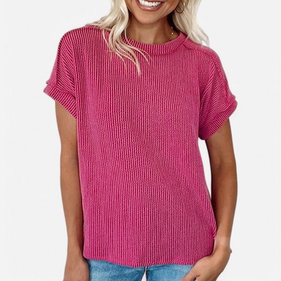 Amaryllis Women's Ribbed Knit Short Sleeve Top Rolled Cuffs Relaxed Fit Lightweight Casual Pullover Tee