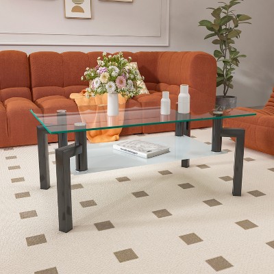Syemin Rectangular Side Table Set, Two-Layer Coffee Table with Tempered Glass Top for Modern Living Room, Brown, 39.1"*23.4"*17.3"