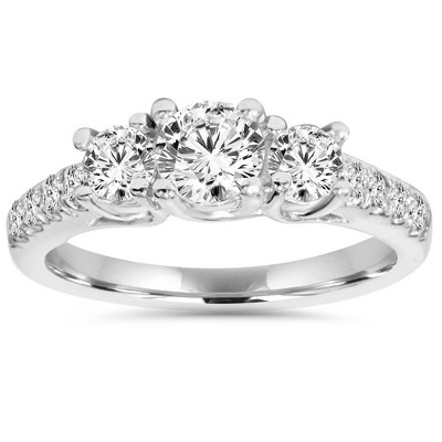 Pompeii3 1 1/6ct 3 Stone Genuine Diamond Engagement Ring 14K White Gold