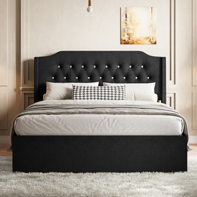 TiramisuBest Queen Size Tufted Upholstered Bed Frame with Crystal Button Accents,Bed Frame with Wingback Headboard and Under-Bed Storage Space