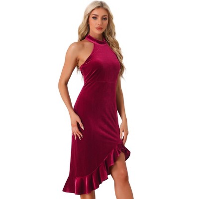 Allegra K Women's Velvet Halter Neck Sleeveless Ruffle High Low Hem Cocktail Dress