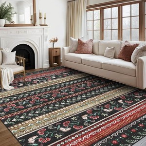 Boho Floral Washable Area Rug - Foldable Thin Non-Slip Carpet, Stain Resistant Non-Shedding Mat for Living Room, Bedroom, Kitchen Dining Room Decor - 1 of 4