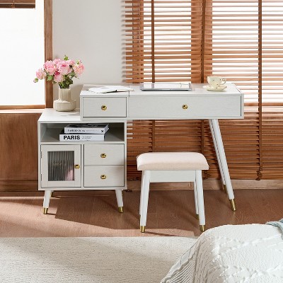 3-in-1 Vanity Desk with LED Lighted Flip Mirror and Adjustable Slide-Out Cabinet, Makeup Dressing Table with Stool