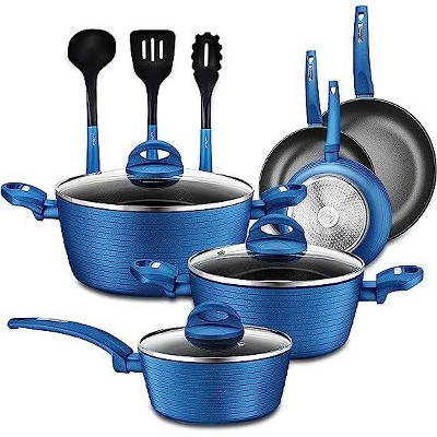 Nutrichef Nccw11bl-dg 11 Piece Nonstick Ceramic Coating Elegant Lines  Pattern Kitchen Cookware Pots And Pan Set With Lids And Utensils, Teal Blue  : Target