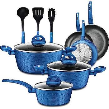 NutriChef 12pc Pots & Pans Set - Stylish Kitchen Cookware, Non-Stick Coating, Light Gray Inside and Blue Outside