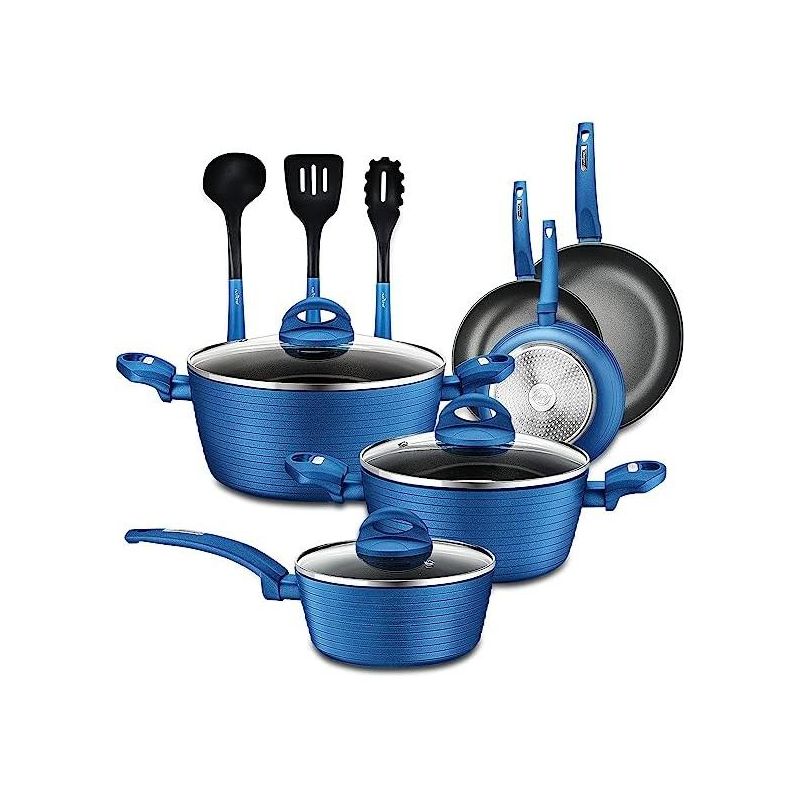 NutriChef 12pc Pots & Pans Set - Stylish Kitchen Cookware, Non-Stick Coating, Light Gray Inside and Blue Outside, 1 of 8