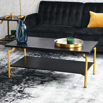 Black Oak and Gold Rectangular Coffee Table with Storage Shelf