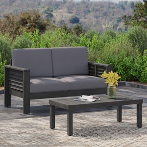 VYNXARIA Acacia Wood Outdoor Loveseat and Coffee Table Set with Cushions, Dark Gray - 1 of 4