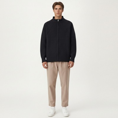 Anna-Kaci Men's Long Sleeve Full Zip Knit Sweater Jacket with Stand Collar Ribbed Trim and Relaxed Fit - Large, Black — фото 2