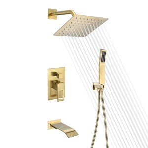 Sumerain Tub and Shower Faucet System , Waterfall Tub Spout and Pressure-Balanced Valve Brushed Gold - 1 of 4